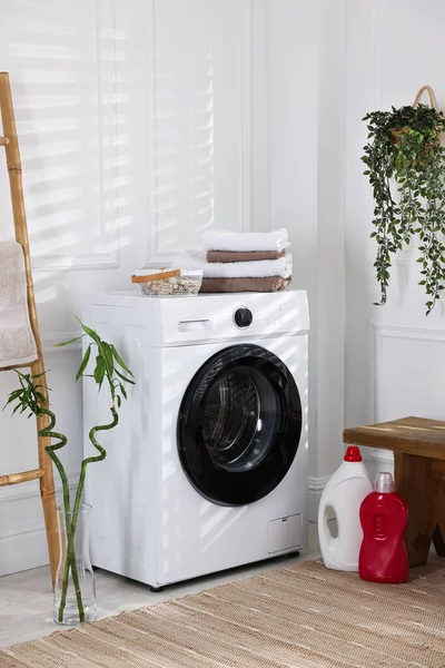 Modern çamaşır makinesi, deterjanlar, ev bitkileri ve iç çamaşırları.