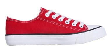 Beyaza izole edilmiş kırmızı bir spor ayakkabı. Şık bir ayakkabı.