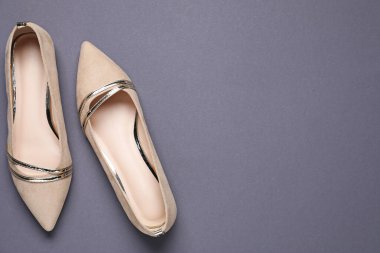 Gri arka planda bir çift şık bej ayakkabı, düz. Metin için boşluk