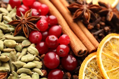 Farklı baharatlar, portakal dilimleri ve kızılcıklar arka plan olarak sıcak şarap, yakın plan