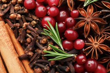 Farklı baharatlar, taze biberiye ve arkaplan olarak sıcak şarap için kızılcık.