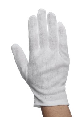 Beyaz arka planda, kumaş eldivenli kadın, yakın plan.