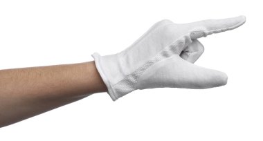 Kumaş eldivenli kadın beyaz arka planda bir şeyin boyutunu gösteriyor, yakın plan.