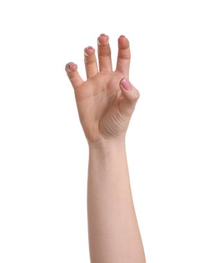 Beyaz arka planda bir şey alan kadın, yakın plan.