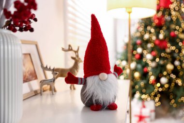 Süslü odadaki dolapta komik noel cücesi