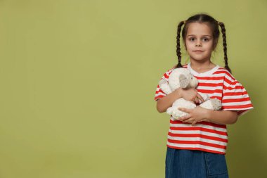 Zeytin arka planında oyuncak koyunu olan sevimli küçük kız, mesaj için yer.