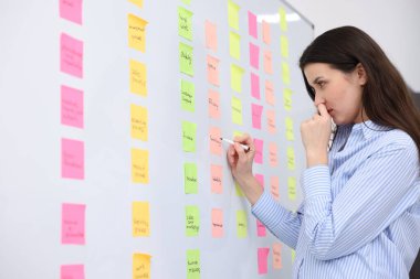 Ofisinde yapışkan notlar olan beyaz tahtanın yanında elinde kalem tutan kadın.