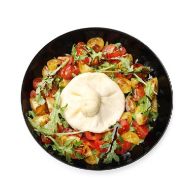 Lezzetli burrata peyniri roka, domates ve soyutlanmış beyaz elbise, üst manzara.