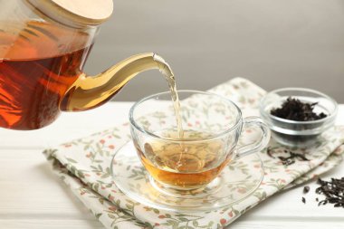 Beyaz ahşap masada çaydanlıktan fincana sıcak çay dökülüyor, yakın plan.