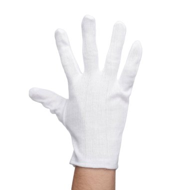 Beyaz arka planda, kumaş eldivenli kadın, yakın plan.