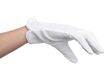 Beyaz arka planda, kumaş eldivenli kadın, yakın plan.