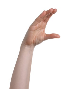 Beyaz arka planda eli olan bir kadın, yakın plan