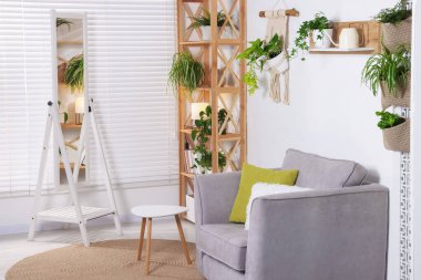 Koltuğu, aynası, raf ünitesi ve farklı çiçekleri olan güzel bir oda.