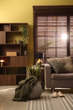 Oturma odasının içi rahat kanepe, diğer mobilyalar ve dekorlarla dolu.