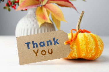 Teşekkür eden balkabağı beyaz tahta masada etiketli, yakın plan.