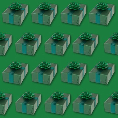 Yeşil arka planda güzel hediye kutuları. Şenlikli desen tasarımı