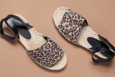 Bej arka planda şık ayakkabılar, düz yatış.