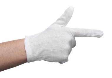 Kumaş eldivenli kadın beyaz arka plandaki bir şeyi işaret ediyor, yakın plan.