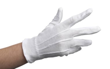 Beyaz arka planda, kumaş eldivenli kadın, yakın plan.