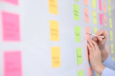 Ofisteki beyaz tahtanın yanındaki yapışkan nota yazan kadın, kapat.