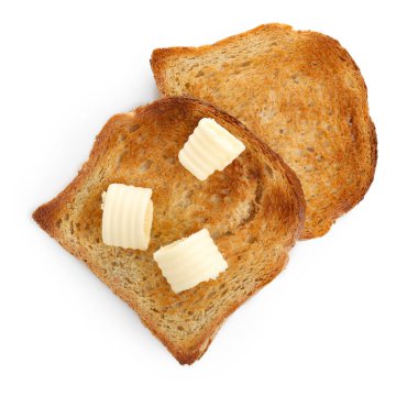 Tereyağlı kızarmış ekmek dilimleri beyaza izole edilmiş.