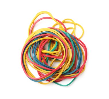 Birçok renkli lastik bant beyaz, üst görünümde izole