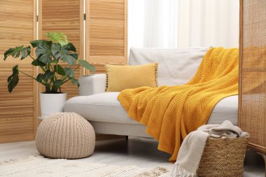 Canavar bitkisi ve rahat kanepesi olan şık bir oda. İç tasarım