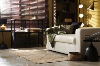 Rahat kanepesi ve diğer mobilyaları olan oturma odası. İç tasarım