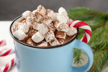 Marşmelovlu, bastonlu ve Noel dekorlu lezzetli kakao, yakın plan.