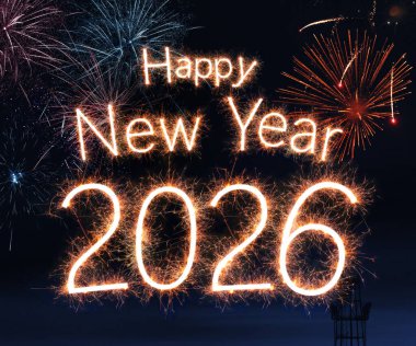 Mutlu yıllar 2026 Havai fişekli tebrik kartı