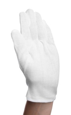 Beyaz arka planda, kumaş eldivenli kadın, yakın plan.