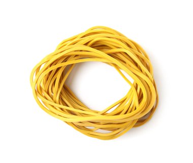 Birçok sarı lastik bant beyaz, üst görünümde izole