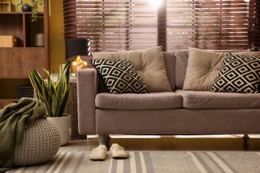 Oturma odasının içi rahat kanepe, diğer mobilyalar ve dekorlarla dolu.