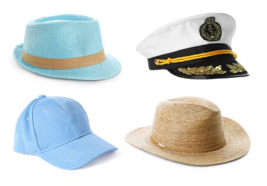 farklı şapka üzerine beyaz izole kümesi