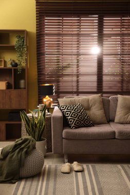 Oturma odasının içi rahat kanepe, diğer mobilyalar ve dekorlarla dolu.