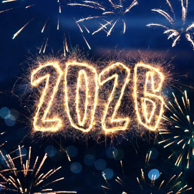 Mutlu Noeller ve mutlu yeni yıl kartları havai fişekler ve ışıltılı numaralar 2026