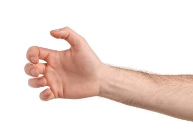 Beyaz arka planda bir şey tutan adam, yakın plan.