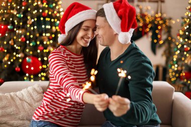 Evde pırıltılı Noel Baba şapkası takan sevimli bir çift. Mutlu Noeller ve mutlu yıllar.