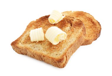 Tereyağlı kızarmış ekmek dilimleri beyaza izole edilmiş.