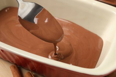 Masadaki yemek kabından kaşıkla çikolata hamuru alıp...