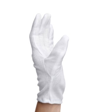 Beyaz arka planda, kumaş eldivenli kadın, yakın plan.