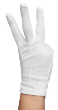 Beyaz arka planda, kumaş eldivenli kadın, yakın plan.