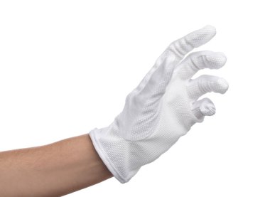 Beyaz arka planda, kumaş eldivenli kadın, yakın plan.