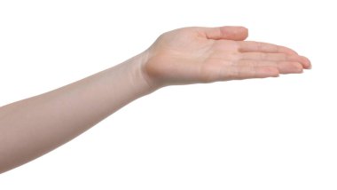 Beyaz arka planda bir şey veren kadın, yakın plan.