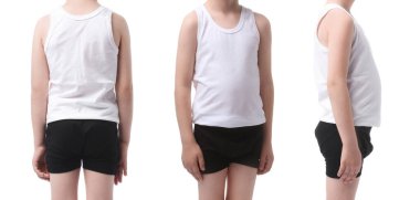 Beyaz arka planda iç çamaşırlı küçük bir çocuk, yakın plan. Farklı taraflardan görünen fotoğraflar.