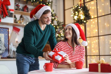 Mutlu erkek arkadaşı evde Noel hediyesiyle kız arkadaşına sürpriz yapıyor.