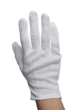 Beyaz arka planda, kumaş eldivenli kadın, yakın plan.