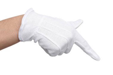 Kumaş eldivenli kadın beyaz arka plandaki bir şeyi işaret ediyor, yakın plan.