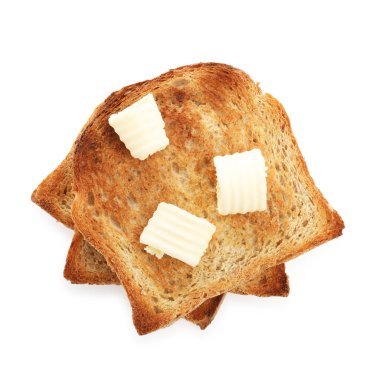 Tereyağlı kızarmış ekmek dilimleri beyaza izole edilmiş.