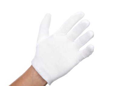 Beyaz arka planda kumaş eldivenli adam.